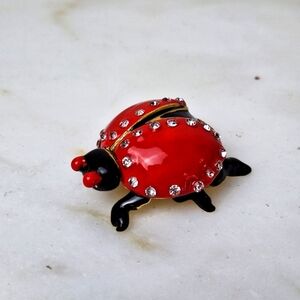 Ladybug Pewter Enamel Hinged Jewelry Trinket Box Hinged Lid Jeweled Crystals